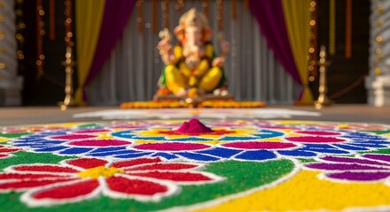 Fototapeta premium A vibrant, colorful rangoli with a blurred statue of the Hindu god Ganesha in the background during a festival.