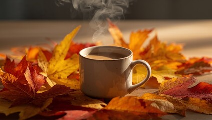 Warm Beverage Amidst Golden Foliage A Cozy Autumnal Still Life Composition.