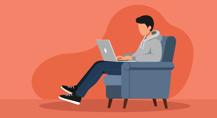 Person casually working on a laptop from the comfort of an armchair, depicting remote work, online learning, or a relaxed lifestyle at home.