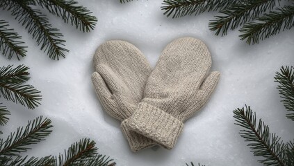 Winters Embrace. Knit Mittens Nestled in Snow with Evergreen Sprigs, A Cozy Scene.
