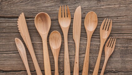 Wooden Utensils on Rustic Wood Texture Surface, a Culinary Composition.