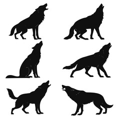Black wolf silhouettes howling various poses wolves
