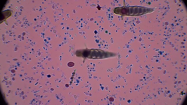 Microscopic View of Demodex Mites in Skin Scraping Analysis for Diagnosis of Demodicosis with a Purple Tinted Background in Laboratory Setting for Medical Diagnostic Purposes Study and Awareness