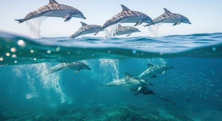 Multiple dolphins leaping above and swimming below the ocean surface with a school of fish and coral visible underwater