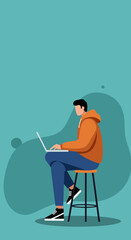 Young person in casual wear focused on laptop, illustrating remote work, online learning, or digital tasks. Ideal for technology, education, or freelance concepts.