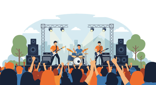 Flat style illustration of a live rock concert with guitarists and drummer on stage, bright lights, big speakers, and a cheering crowd enjoying the outdoor music festival - Powered by Adobe
