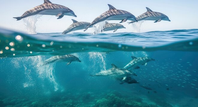 Multiple dolphins leaping above and swimming below the ocean surface with a school of fish and coral visible underwater - Powered by Adobe