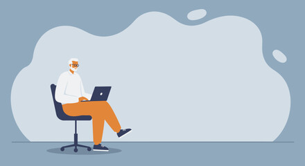 Mature man working remotely on his laptop, sitting comfortably on an office chair. Ideal for business, technology, and senior lifestyle concepts with ample copy space.
