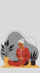 A senior woman in pajamas sits comfortably using a laptop at home, surrounded by houseplants. Represents remote work, learning, or leisure for older adults.