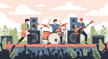 Flat style illustration of a live rock concert with guitarists and drummer on stage, powerful speakers, cheering crowd, and a lively outdoor atmosphere filled with music and energy
