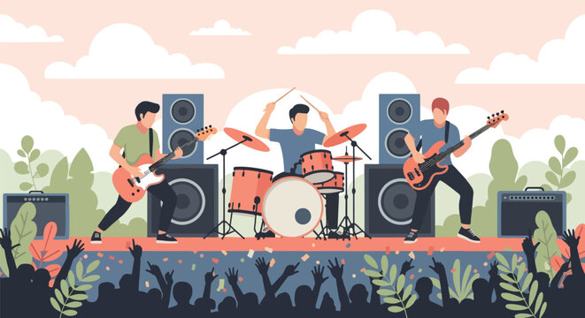 Flat style illustration of a live rock concert with guitarists and drummer on stage, powerful speakers, cheering crowd, and a lively outdoor atmosphere filled with music and energy - Powered by Adobe