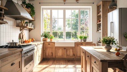 Fototapeta premium A bright, cozy rustic kitchen with a large window