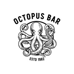 Black and white graphic logo for Octopus Bar, seafood themed restaurant, established 1982.