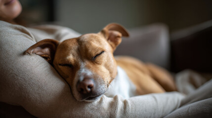 Dog enjoys deep sleep while receiving support from loving owner, creating serene and comforting atmosphere