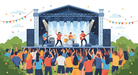 Flat style illustration of a lively outdoor concert with a rock band performing on stage, bright lights, confetti, and a cheering crowd enjoying live music in a festive atmosphere.