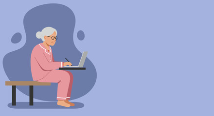 Elderly woman in pajamas using a laptop and digital pen, enjoying technology at home. Represents learning, remote work, or creative hobbies for seniors.