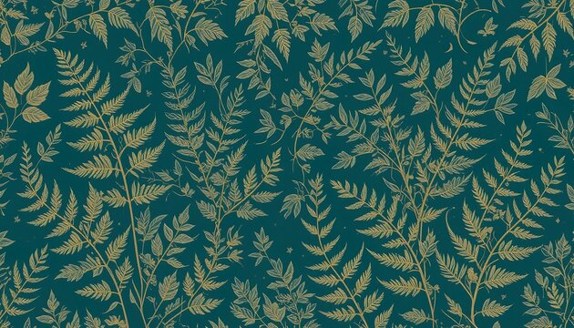 Elegant botanical pattern with golden ferns and leaves on a teal background for luxurious designs