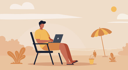 A man works remotely on a laptop at a sunny beach, symbolizing modern flexible work, digital nomad lifestyle, and productivity.