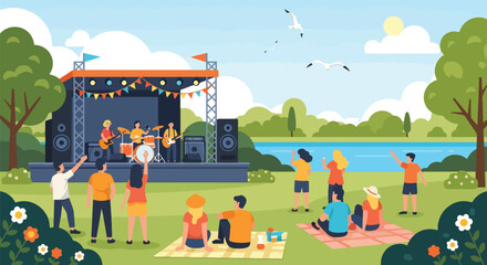 Flat style illustration of an outdoor concert with a live band performing on stage, colorful bunting, and people enjoying the music on picnic blankets in a park by the river