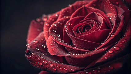 Close up of a deep red rose with water droplets on its petals in soft light