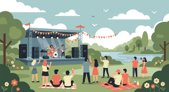Flat style illustration of an outdoor concert with a live band performing on stage, colorful bunting, and people enjoying the music on picnic blankets in a park by the river