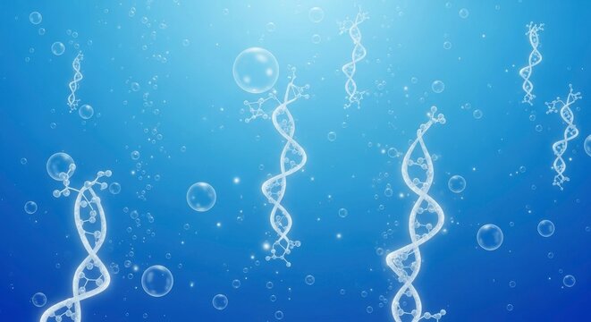 Multiple glowing double helix strands and numerous transparent bubbles float in a radiant blue liquid background with small light particles scattered throughout