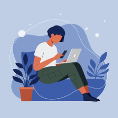 A person multitasks using a laptop and smartphone while working remotely from a comfortable home environment. Represents productivity, digital connectivity, and modern lifestyle.