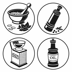 Cooking ingredients mortar pestle grinder oil bottle