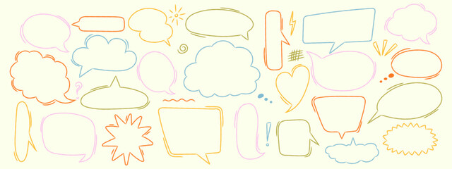 Cute crayon speech bubble collection. Childish hand drawn comic balloons in pastel colors. Vector doodle text boxes.