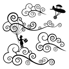 Decorative clouds and airplane silhouette black white © ADOBE