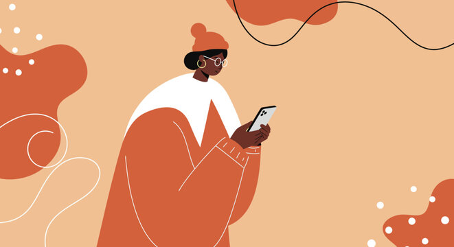 Stylish woman focused on her smartphone, engaging with digital content. Modern lifestyle, communication, and connectivity concept. Ideal for technology and social media themes.