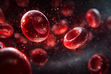 Fototapeta premium A microscopic view of red blood cells floating in plasma, exhibiting a vibrant red hue, concept for medical research, hematology studies and pharmaceutical advertising