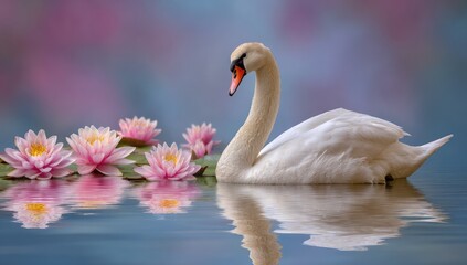 Obraz premium A graceful swan glides serenely across a tranquil water surface, surrounded by delicate pink water lilies, creating a peaceful and beautiful scene.