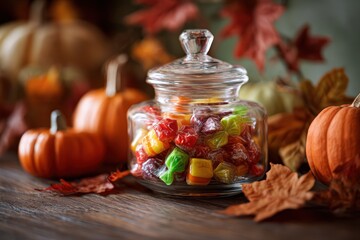 Colorful Wrapped Candies in a Glass Jar Surrounded by Autumn Pumpkins and Leaves, Celebrating Fall With Warm Tones and Sweetness, Concept of Seasonal Decorations, Hospitality, and Candy Packaging