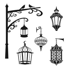Diverse decorative lantern silhouettes arabic ornate