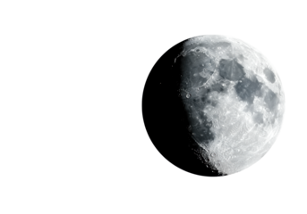 Pristine, ultra-detailed full moon, every crater visible in cool grey and blue, isolated on transparent background with extensive negative space concept of grand ambition and cosmic potential