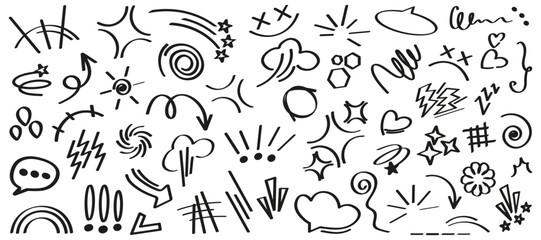 Doodle sketch element collection. Hand-drawn arrows, lines, and marks in casual style. Fun decoration for notes and creative