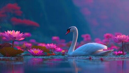A serene swan glides amidst a vibrant array of pink lotus flowers, creating a tranquil and captivating scene.