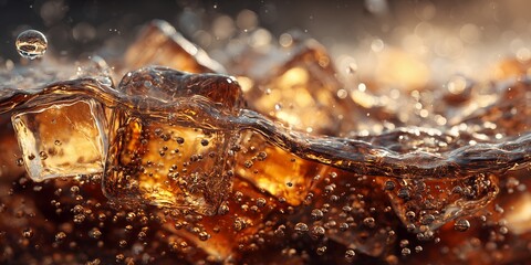 Close-up shot of iced soda with bubbles and splash, capturing the refreshing essence and clear details, concept for summer refreshment, beverage advertisement and cool drinks promotions
