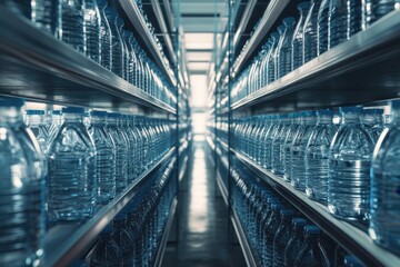 Naklejka premium Water bottles neatly arranged on shelves in a large storage facility during daylight hours