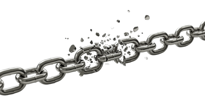 Reflective silver chain shattering explosively, sharp fragments flying, specular reflections, transparent background, copy space, soft lighting, Concept of breakthrough and liberation