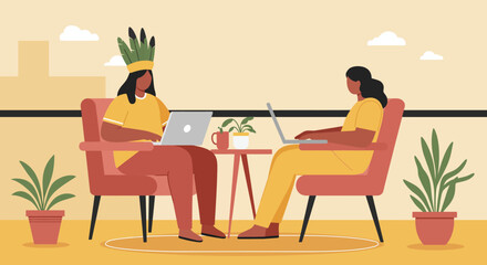 Two diverse women collaborate on laptops in a comfortable outdoor setting, symbolizing remote work, modern lifestyle, and global connection. Ideal for business, technology, or travel content.