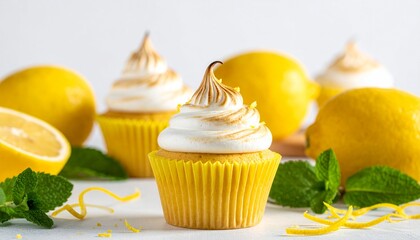 Homemade lemon meringue cupcakes in yellow liners with fresh lemons, zest, and mint leaves.