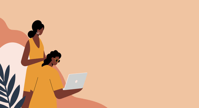 Two diverse women collaborate with a laptop in a modern, minimalist setting, ideal for remote work, business, or educational concepts.