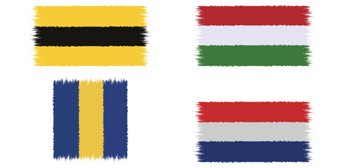 A stylized collection of four national flags, featuring the flags of Germany, Hungary, Sweden, and the Netherlands, with a textured, painterly brushstroke effect on a clean white background.