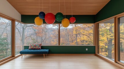 A wooden house showcases a serene Japanese interior with green walls, large pendant lamps, and a peaceful forest view through the window