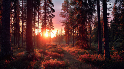 Fototapeta premium capture breathtaking sunset in dense forest showcasing radiant colors illuminating trees