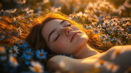 Girl Sleeping in Field of Flowers at Sunrise