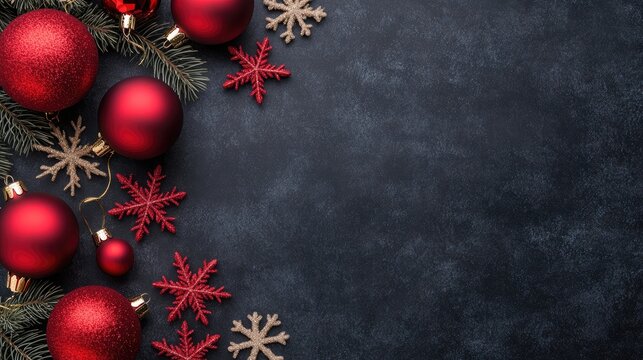 A vibrant holiday backdrop showcases red ornaments, snowflakes, and bokeh lights, perfect for creating a festive atmosphere and accommodating product placement