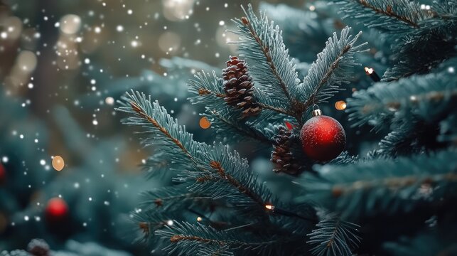 A vibrant holiday backdrop showcases red ornaments, snowflakes, and bokeh lights, perfect for creating a festive atmosphere and accommodating product placement